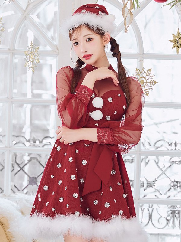 画像3: 【ノベルティ対象】【即日発送！】【サンタコス 4点セット】【XS-XLサイズ/1カラー】チュールロングスリーブハイネックサンタ[YMT] (3)