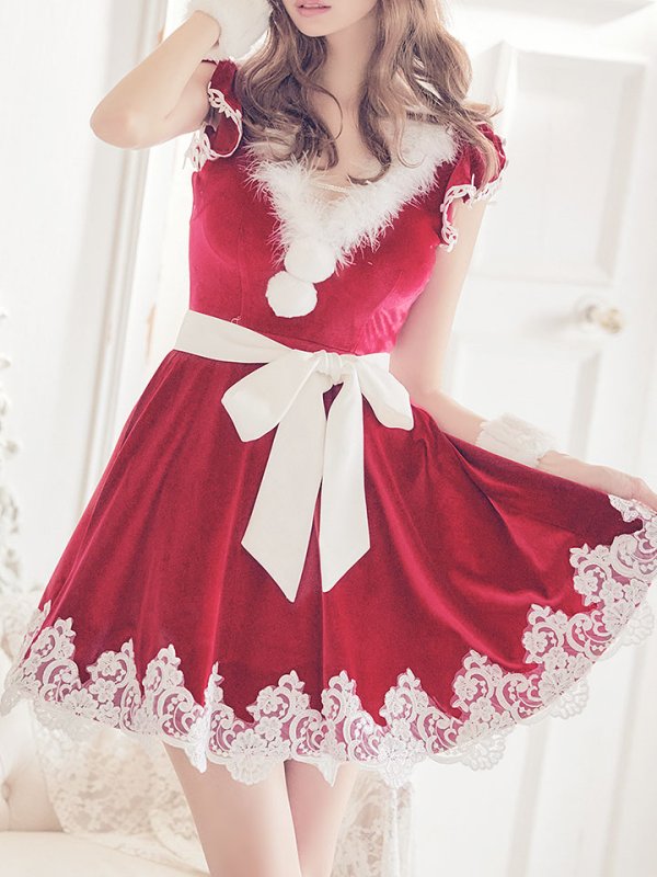 画像4: 【sugar nine サンタコス 5点セット】【S-XLサイズ/2カラー】フレアスリーブ刺繍レースフレアサンタ[OF04] (4)