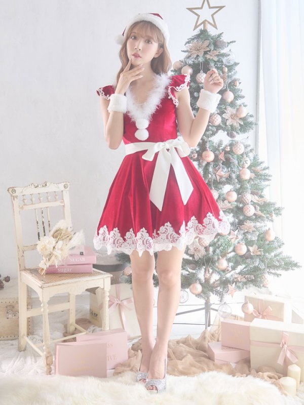 画像5: 【sugar nine サンタコス 5点セット】【S-XLサイズ/2カラー】フレアスリーブ刺繍レースフレアサンタ[OF03] (5)