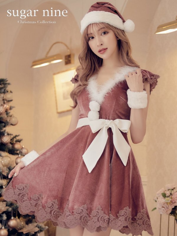 画像2: 【sugar nine サンタコス 5点セット】【S-XLサイズ/2カラー】フレアスリーブ刺繍レースフレアサンタ[OF03] (2)