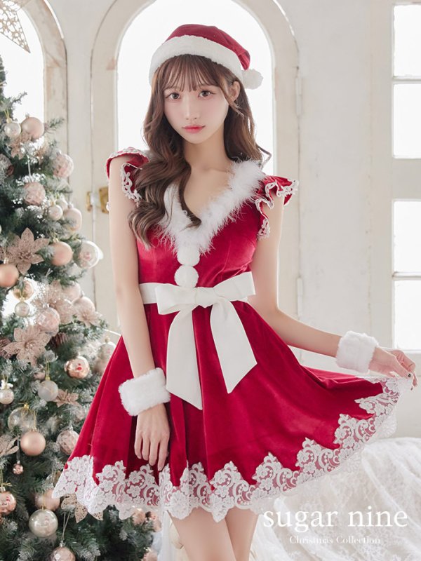 画像2: 【sugar nine サンタコス 5点セット】【S-XLサイズ/2カラー】フレアスリーブ刺繍レースフレアサンタ[OF03] (2)
