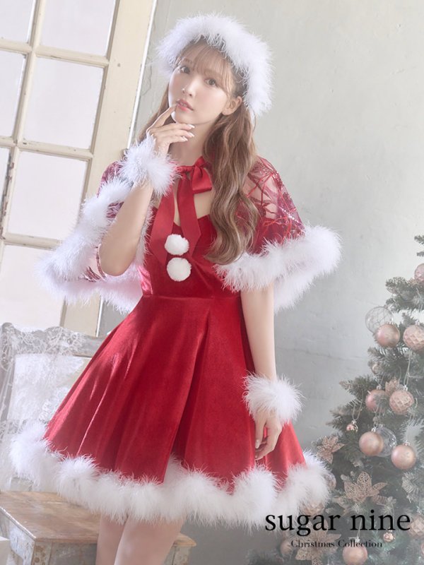 画像5: 【即日発送】【sugar nine サンタコス 5点セット】【S-XLサイズ/3カラー】ポンチョ付きフレアサンタコスプレ[YMT] (5)