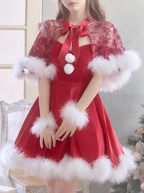画像6: 【即日発送】【sugar nine サンタコス 5点セット】【S-XLサイズ/3カラー】ポンチョ付きフレアサンタコスプレ[YMT] (6)