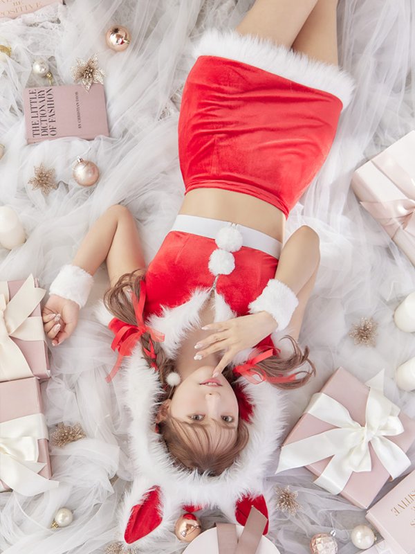 画像25: 【即日発送！】【XS-XLサイズ/3カラー】ベロアフードバニーセットアップサンタコスプレ[YMT] (25)