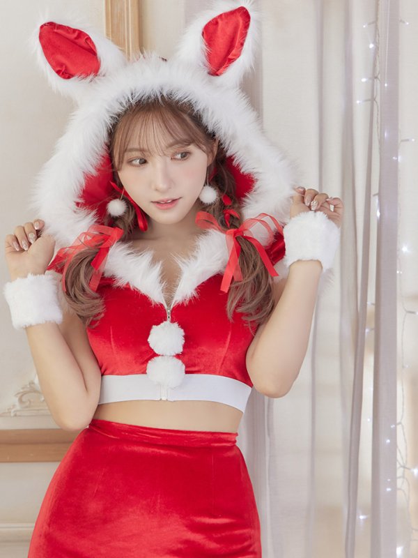 画像27: 【即日発送！】【XS-XLサイズ/3カラー】ベロアフードバニーセットアップサンタコスプレ[YMT] (27)