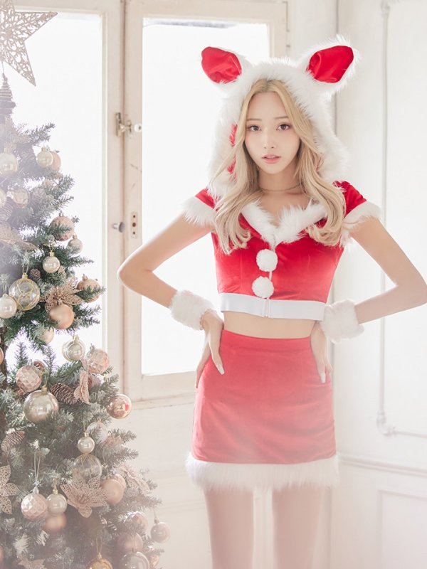 画像8: 【即日発送！】【XS-XLサイズ/3カラー】ベロアフードバニーセットアップサンタコスプレ[YMT] (8)