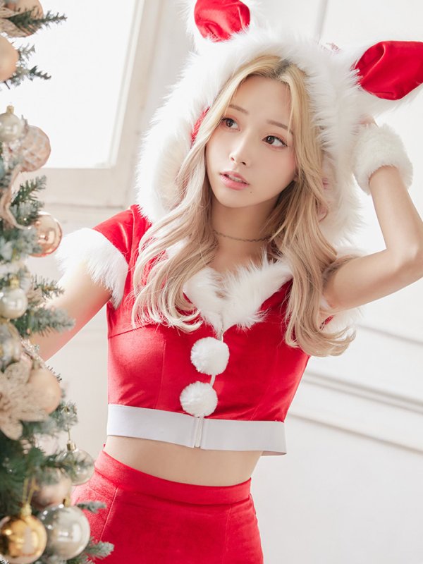 画像9: 【即日発送！】【XS-XLサイズ/3カラー】ベロアフードバニーセットアップサンタコスプレ[YMT] (9)