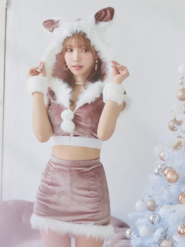 画像9: 【即日発送！】【XS-XLサイズ/3カラー】ベロアフードバニーセットアップサンタコスプレ[YMT] (9)