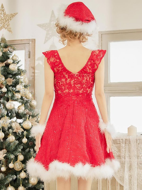 画像6: 【サンタセール！】SALE!ショートフリルスリーブ/ ツイードフレアサンタ【sugar nine サンタコス 4点セット】【S-XLサイズ/1カラー】[YMT] (6)