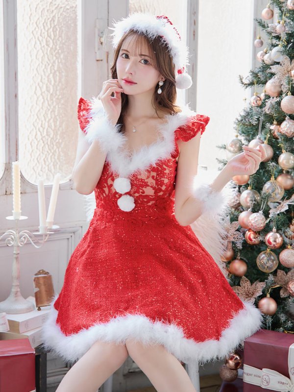 画像16: 【サンタセール！】【サンタコス 4点セット】【S-XLサイズ/1カラー】ショートフリルスリーブ/ ツイードフレアサンタ[YMT] (16)