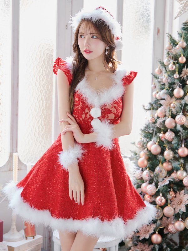 画像2: 【サンタセール！】【サンタコス 4点セット】【S-XLサイズ/1カラー】ショートフリルスリーブ/ ツイードフレアサンタ[YMT] (2)