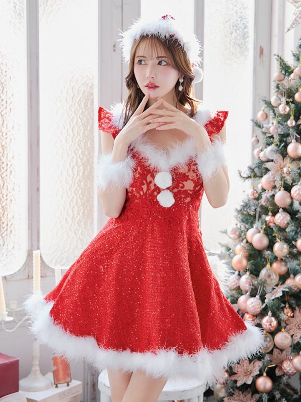 画像23: 【サンタセール！】【サンタコス 4点セット】【S-XLサイズ/1カラー】ショートフリルスリーブ/ ツイードフレアサンタ[YMT] (23)