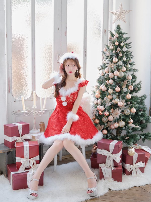 画像8: 【サンタセール！】【サンタコス 4点セット】【S-XLサイズ/1カラー】ショートフリルスリーブ/ ツイードフレアサンタ[YMT] (8)