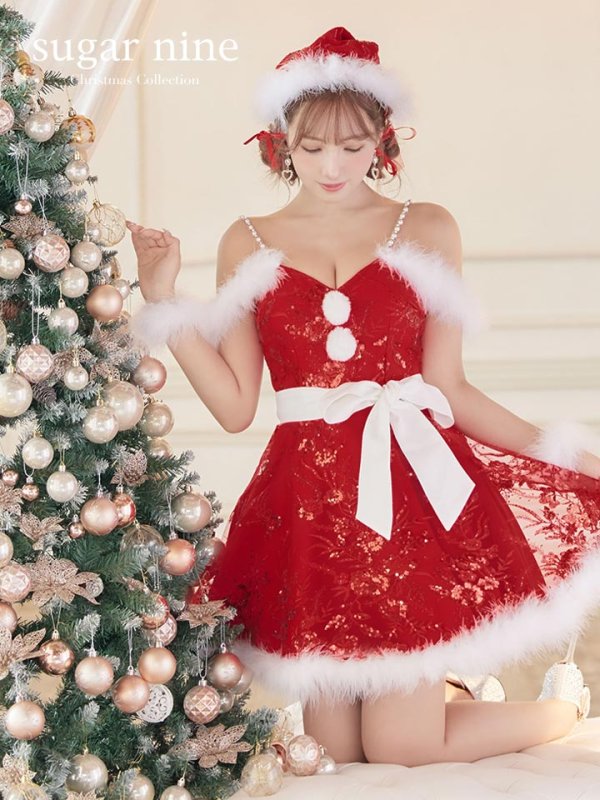 画像3: 【サンタセール！】ファーショルダー/ スパンコール刺繍フレアサンタ【sugar nine サンタコス 5点セット】【S-XLサイズ/2カラー】[YMT] (3)