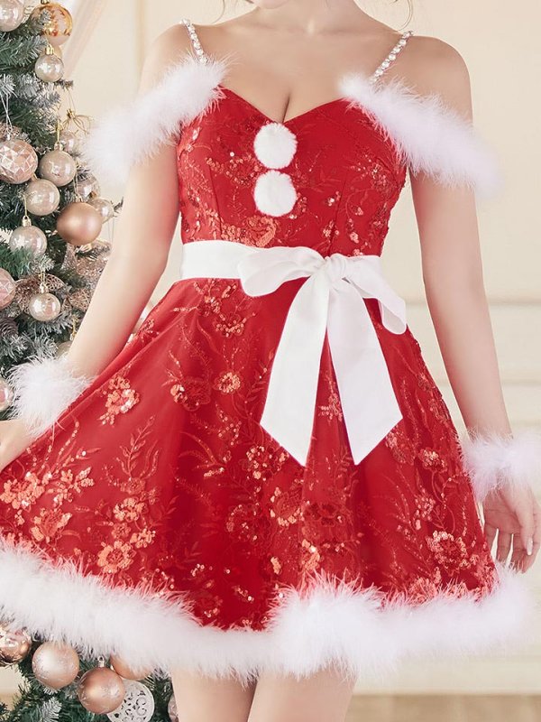 画像5: 【サンタセール！】ファーショルダー/ スパンコール刺繍フレアサンタ【sugar nine サンタコス 5点セット】【S-XLサイズ/2カラー】[YMT] (5)