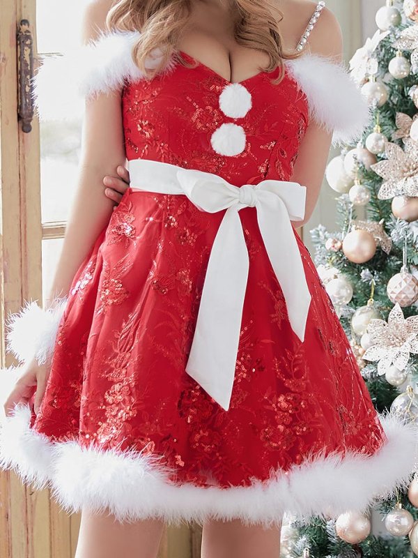 画像4: 【サンタセール！】ファーショルダー/ スパンコール刺繍フレアサンタ【sugar nine サンタコス 5点セット】【S-XLサイズ/2カラー】[YMT] (4)