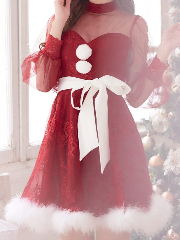 画像5: 【即日発送！】総レースチュールロングスリーブハイネックサンタ【sugar nine サンタコス 4点セット】【XS-XLサイズ/1カラー】[OF04] (5)