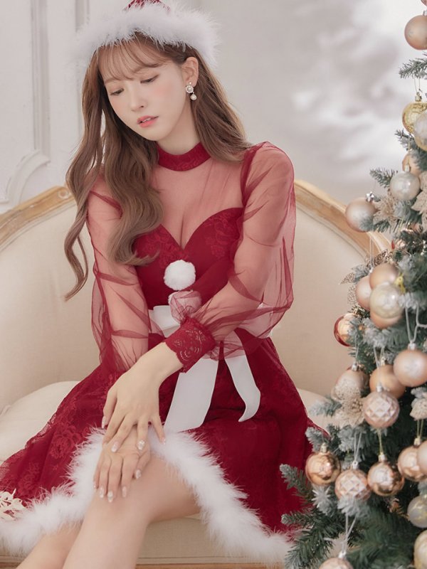 画像8: 【即日発送！】総レースチュールロングスリーブハイネックサンタ【sugar nine サンタコス 4点セット】【XS-XLサイズ/1カラー】[YMT] (8)