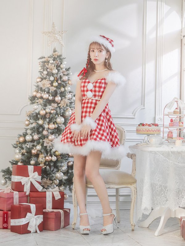 画像16: 【サンタセール！】【サンタコス 5点セット】【XS-Lサイズ/1カラー】ギンガムチェック セットアップフレアサンタコスプレ[YMT] (16)