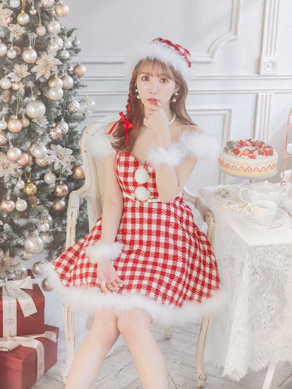 画像9: 【サンタセール！】【サンタコス 5点セット】【XS-Lサイズ/1カラー】ギンガムチェック セットアップフレアサンタコスプレ[YMT] (9)
