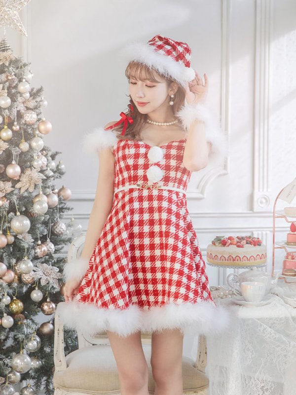 画像11: 【サンタセール！】【サンタコス 5点セット】【XS-Lサイズ/1カラー】ギンガムチェック セットアップフレアサンタコスプレ[YMT] (11)