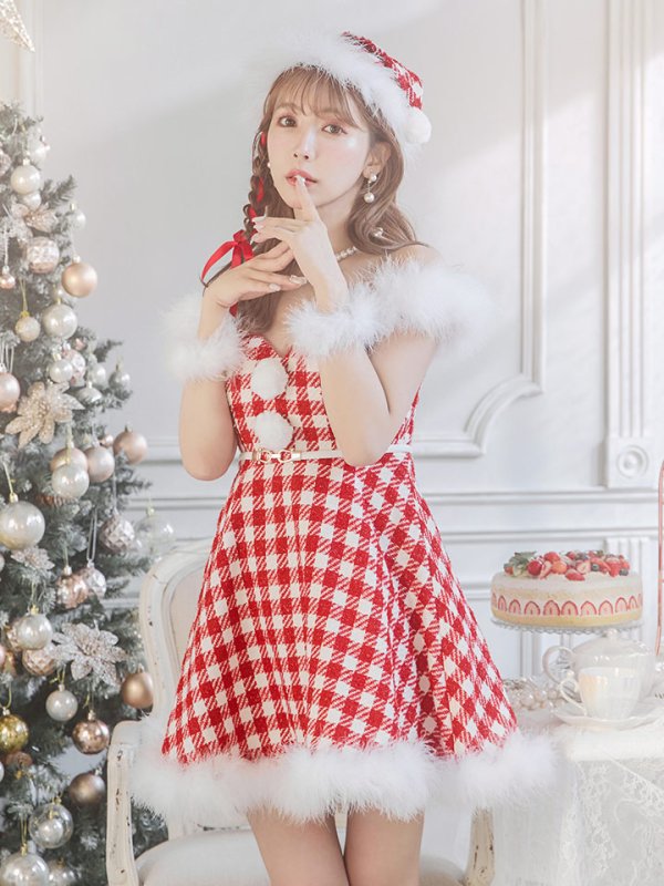 画像14: 【サンタセール！】【サンタコス 5点セット】【XS-Lサイズ/1カラー】ギンガムチェック セットアップフレアサンタコスプレ[YMT] (14)