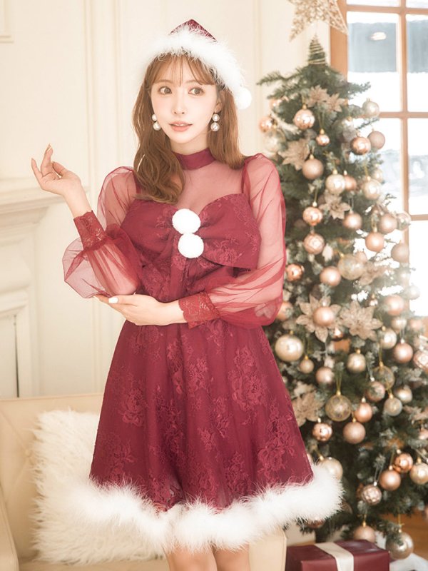 画像4: 【サンタセール！】【サンタコス3点セット】【S-XLサイズ/1カラー】チュールスリーブレースリボンサンタコスプレ[YMT] (4)