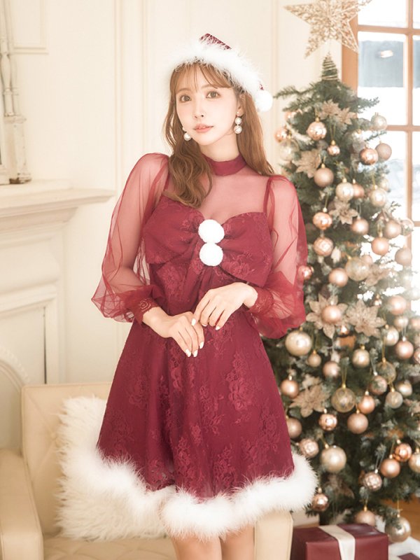 画像7: 【サンタセール！】【サンタコス3点セット】【S-XLサイズ/1カラー】チュールスリーブレースリボンサンタコスプレ[YMT] (7)