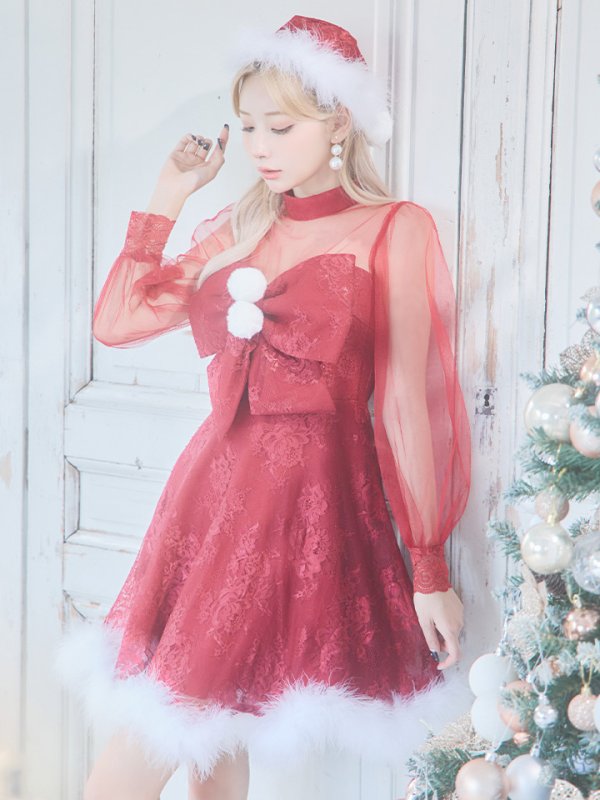 画像17: 【サンタセール！】【サンタコス3点セット】【S-XLサイズ/1カラー】チュールスリーブレースリボンサンタコスプレ[YMT] (17)