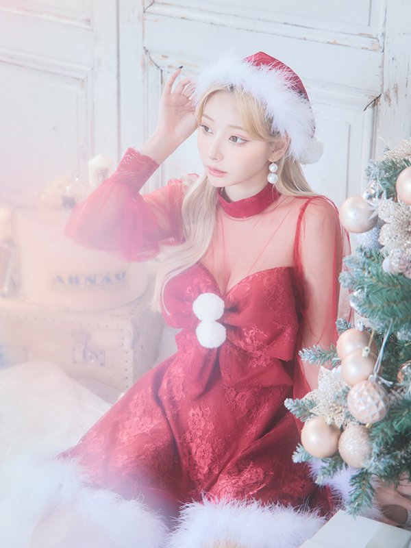 画像28: 【サンタセール！】【サンタコス3点セット】【S-XLサイズ/1カラー】チュールスリーブレースリボンサンタコスプレ[YMT] (28)