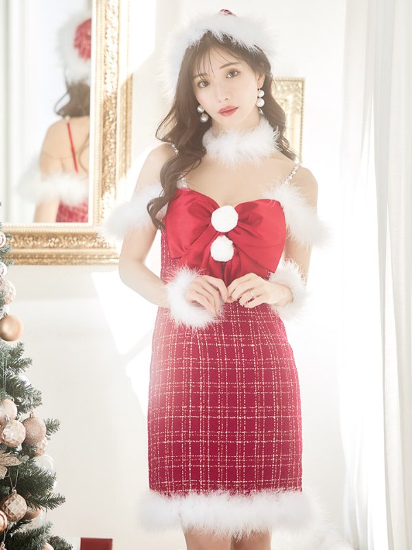 画像2: 【サンタセール！】【サンタコス 5点セット】【XS-Mサイズ/1カラー】リボンキャミソールタイトツイードサンタコスプレ[YMT] (2)