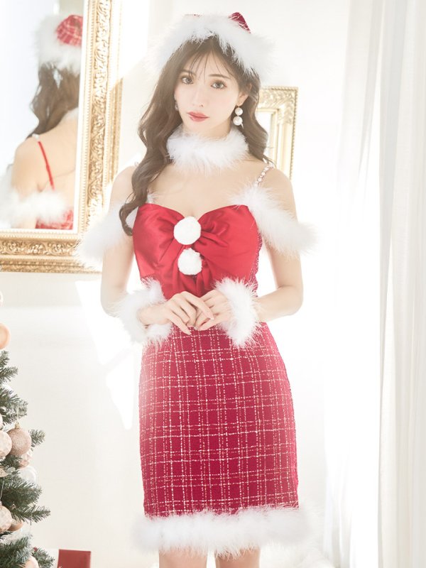 画像4: 【サンタセール！】【サンタコス 5点セット】【XS-Mサイズ/1カラー】リボンキャミソールタイトツイードサンタコスプレ[YMT] (4)
