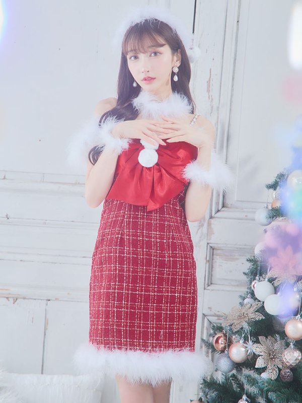 画像4: 【サンタセール！】【サンタコス 5点セット】【XS-Mサイズ/1カラー】リボンキャミソールタイトツイードサンタコスプレ[YMT] (4)