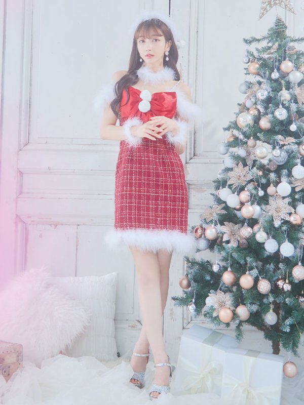 画像10: 【サンタセール！】【サンタコス 5点セット】【XS-Mサイズ/1カラー】リボンキャミソールタイトツイードサンタコスプレ[YMT] (10)