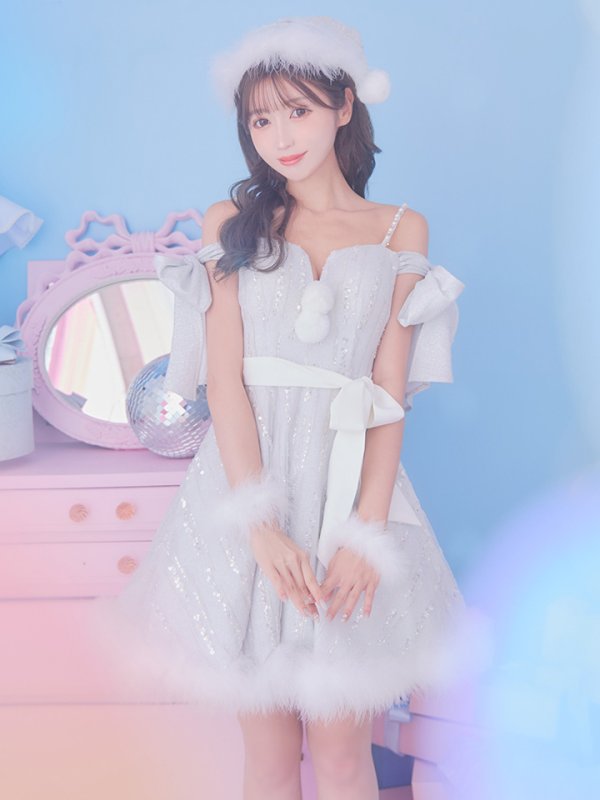 画像2: 【ノベルティ対象】【サンタセール！】【サンタコス 5点セット】【S-Lサイズ/1カラー】スパンコールフレアサンタコスプレ[YMT] (2)