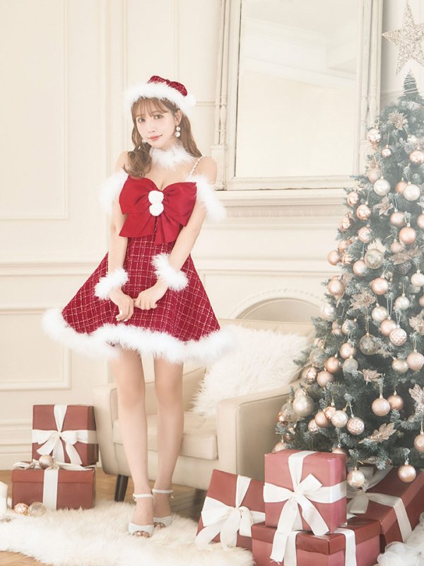 画像5: 【ノベルティ対象】【即日発送！】【サンタコス 5点セット】【S-XLサイズ/1カラー】リボンキャミソールフレアツイードサンタコスプレ[YMT] (5)