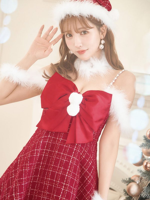画像7: 【ノベルティ対象】【即日発送！】【サンタコス 5点セット】【S-XLサイズ/1カラー】リボンキャミソールフレアツイードサンタコスプレ[YMT] (7)