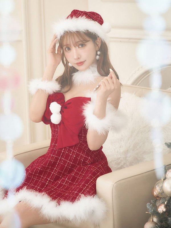 画像10: 【ノベルティ対象】【即日発送！】【サンタコス 5点セット】【S-XLサイズ/1カラー】リボンキャミソールフレアツイードサンタコスプレ[YMT] (10)