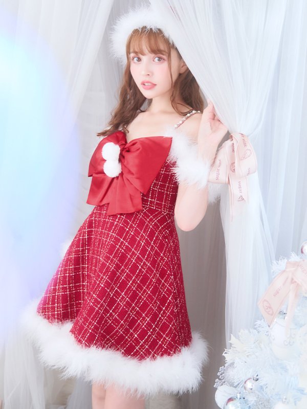 画像2: 【ノベルティ対象】【即日発送！】【サンタコス 5点セット】【S-XLサイズ/1カラー】リボンキャミソールフレアツイードサンタコスプレ[YMT] (2)