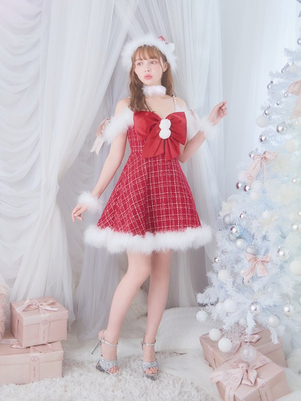 画像4: 【ノベルティ対象】【即日発送！】【サンタコス 5点セット】【S-XLサイズ/1カラー】リボンキャミソールフレアツイードサンタコスプレ[YMT] (4)