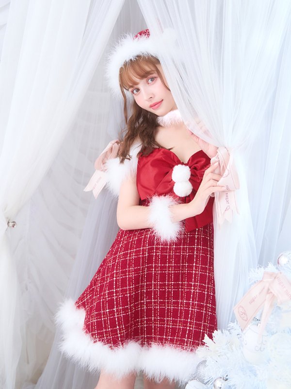 画像7: 【ノベルティ対象】【即日発送！】【サンタコス 5点セット】【S-XLサイズ/1カラー】リボンキャミソールフレアツイードサンタコスプレ[YMT] (7)