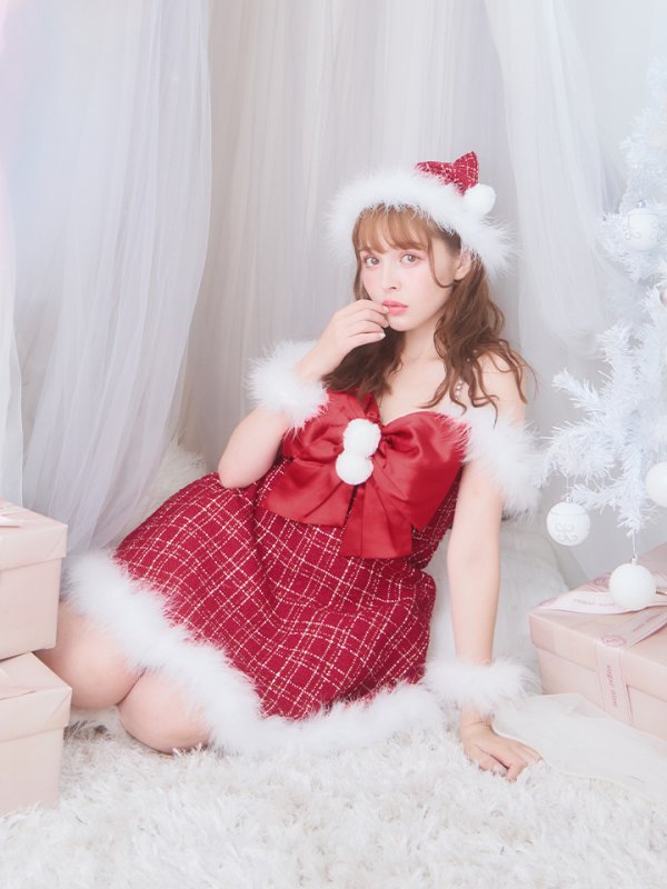 画像10: 【ノベルティ対象】【即日発送！】【サンタコス 5点セット】【S-XLサイズ/1カラー】リボンキャミソールフレアツイードサンタコスプレ[YMT] (10)