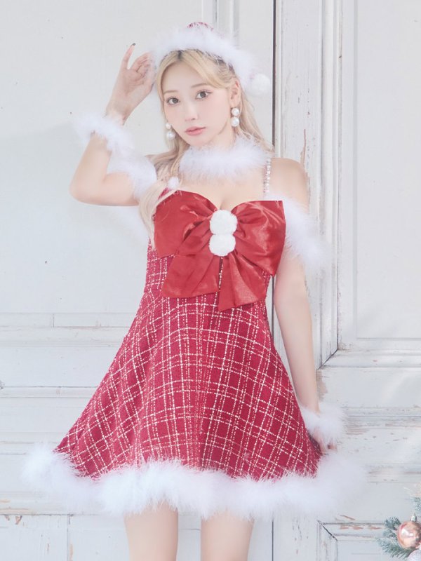画像19: 【ノベルティ対象】【即日発送！】【サンタコス 5点セット】【S-XLサイズ/1カラー】リボンキャミソールフレアツイードサンタコスプレ[YMT] (19)