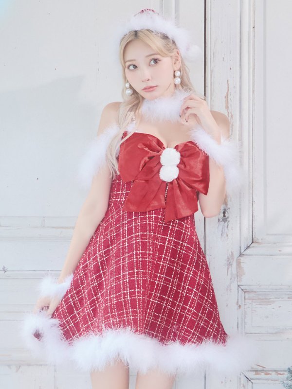 画像21: 【ノベルティ対象】【即日発送！】【サンタコス 5点セット】【S-XLサイズ/1カラー】リボンキャミソールフレアツイードサンタコスプレ[YMT] (21)