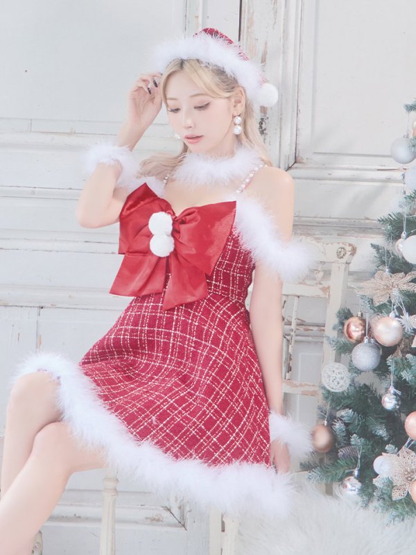 画像25: 【ノベルティ対象】【即日発送！】【サンタコス 5点セット】【S-XLサイズ/1カラー】リボンキャミソールフレアツイードサンタコスプレ[YMT] (25)