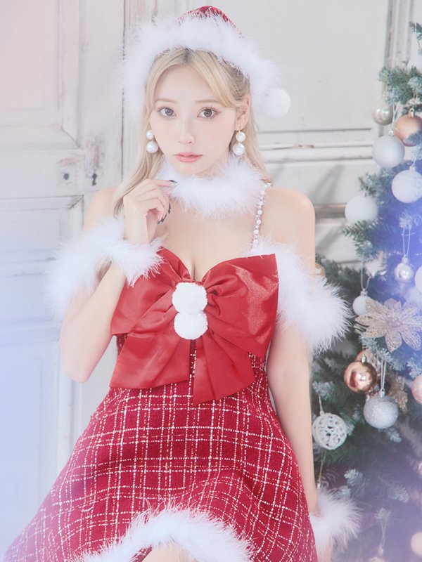 画像27: 【ノベルティ対象】【即日発送！】【サンタコス 5点セット】【S-XLサイズ/1カラー】リボンキャミソールフレアツイードサンタコスプレ[YMT] (27)