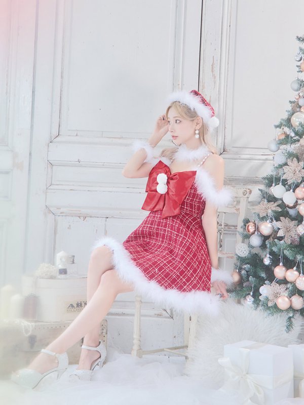 画像29: 【ノベルティ対象】【即日発送！】【サンタコス 5点セット】【S-XLサイズ/1カラー】リボンキャミソールフレアツイードサンタコスプレ[YMT] (29)