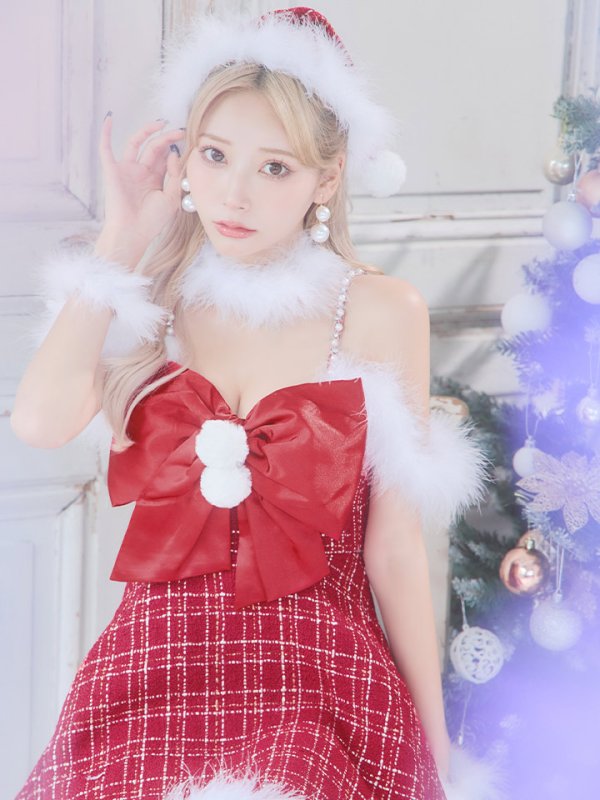 画像13: 【ノベルティ対象】【即日発送！】【サンタコス 5点セット】【S-XLサイズ/1カラー】リボンキャミソールフレアツイードサンタコスプレ[YMT] (13)