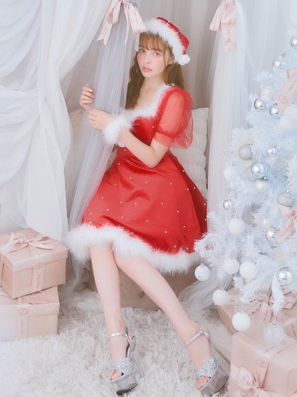画像2: 【サンタセール！】【サンタコス 4点セット】【S-Lサイズ/1カラー】ベロアパールフレアスカートサンタコスプレ[YMT] (2)