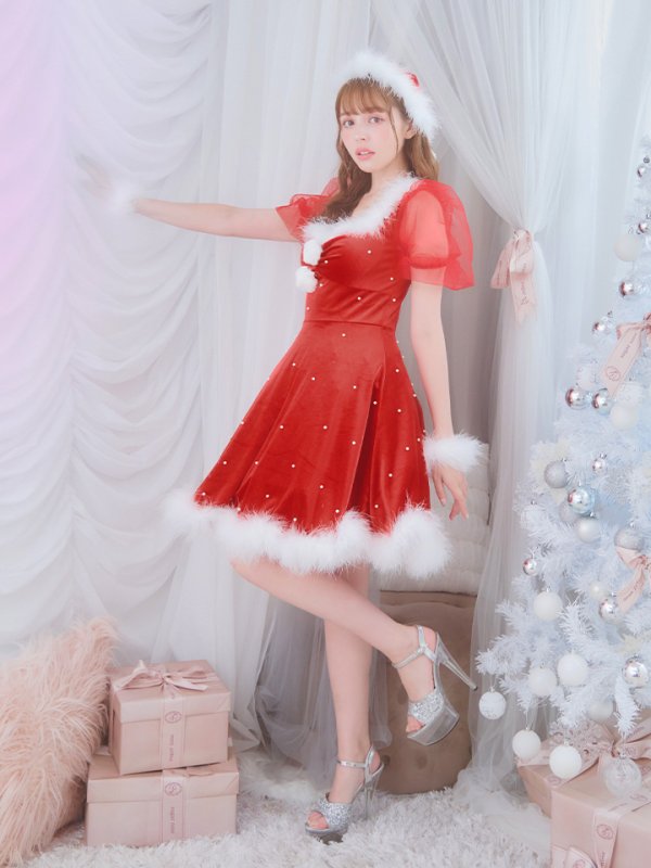 画像3: 【サンタセール！】【サンタコス 4点セット】【S-Lサイズ/1カラー】ベロアパールフレアスカートサンタコスプレ[YMT] (3)
